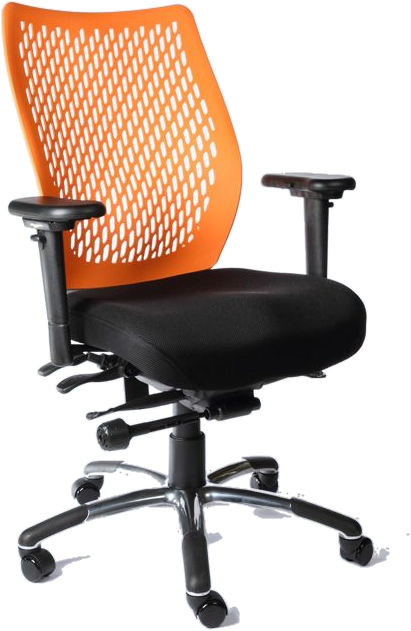 The Airopedic AP3001BU ergonomic office chair with an orange BackUup flexing backrest and polished aluminium base