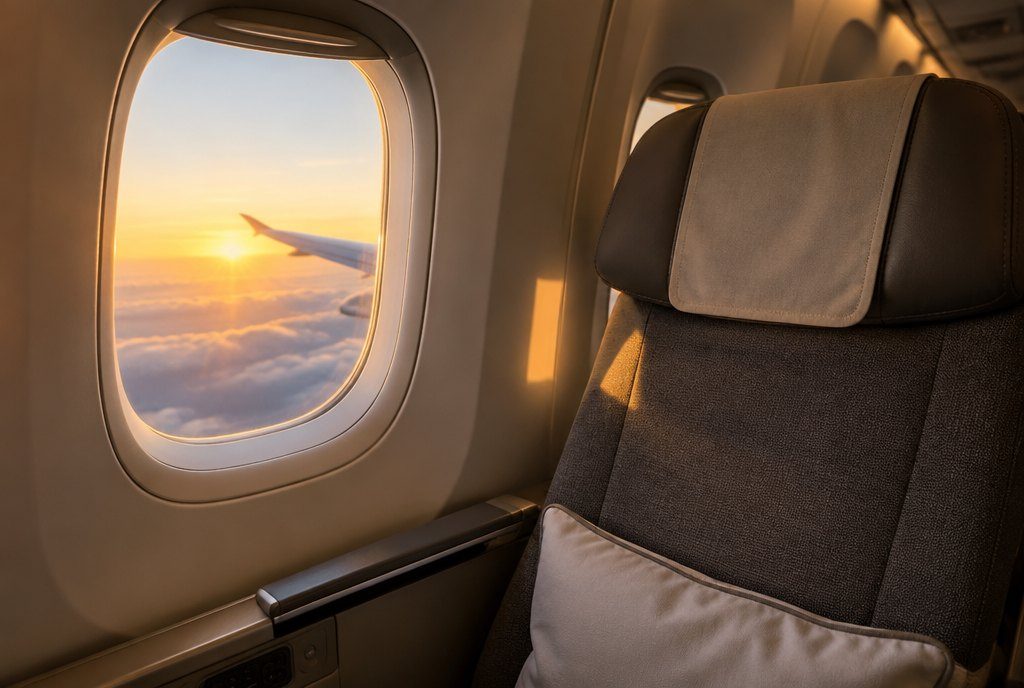 Sunrise light through the window of an airplane cabin over an empty seat