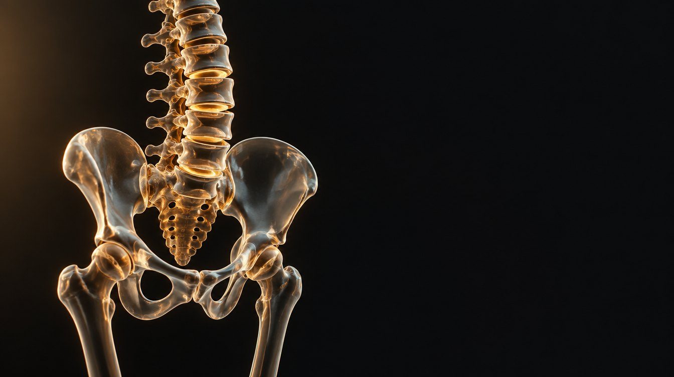 Anatomical render of a human lumbar spine and pelvis on a dark background